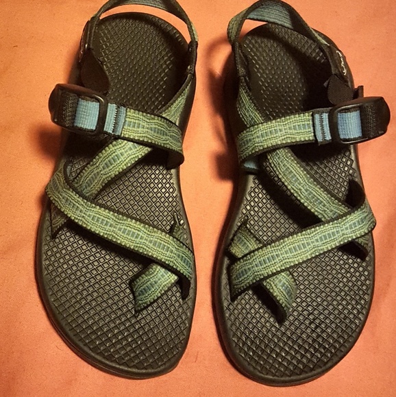 blue and green chacos